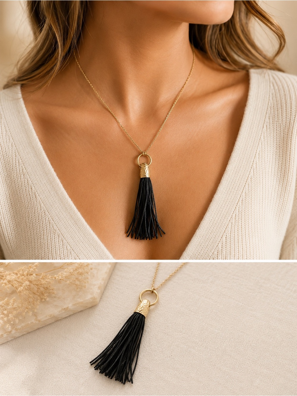 Black Genuine Leather Tassel Pendant Necklace Boho Chic Gold Tone